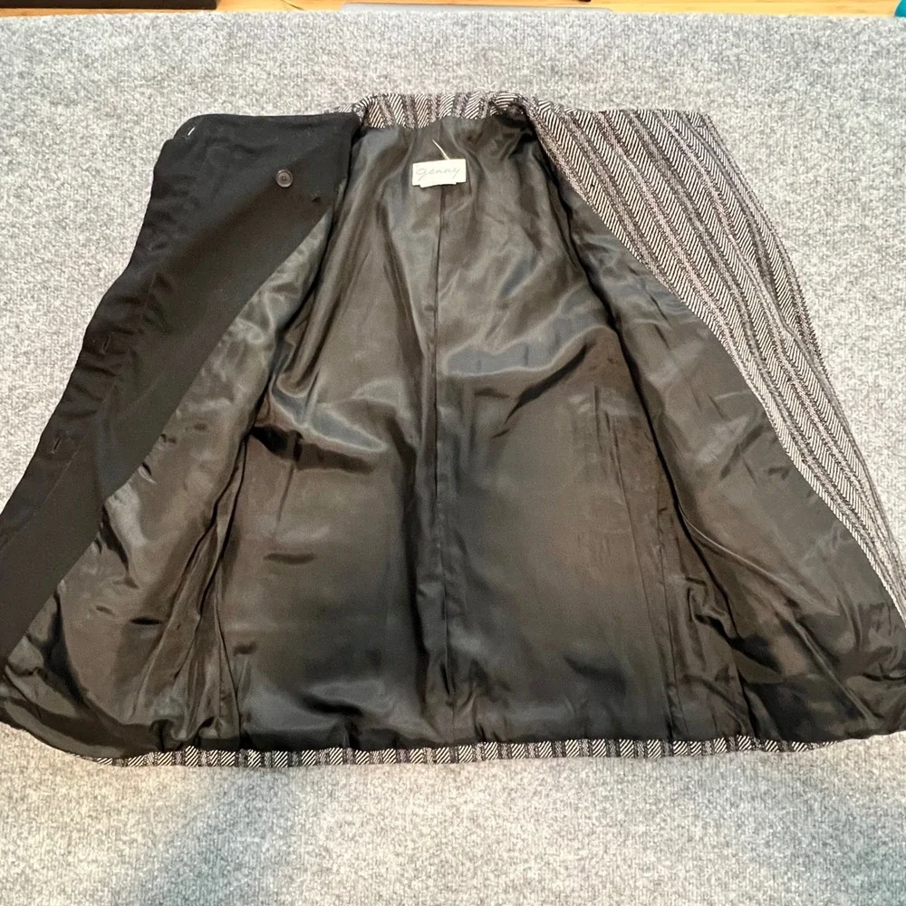 Jenny Vintage  Blazer Womens 6 Black  Leather Trim Asymmetrical Button‎